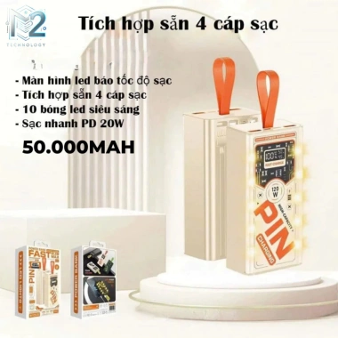 Sạc 50.000 Mẫu Mới 2.025 - Sạc Nhanh PD 22.5W, 4 Dây và Đèn LED Chiếu Sáng, Giá Ưu Đãi 265.000 VND
