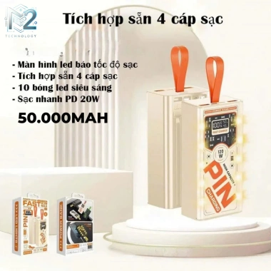 Sạc 50.000mAh PD 22.5W nhanh, 4 dây tích hợp và đèn LED chiếu sáng - Giá 200.000đ 2