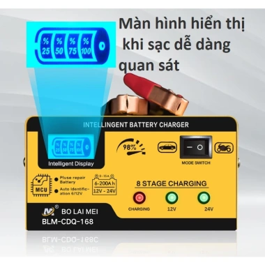 Sạc ắc quy 12V/24V 200AH Bolaimei BT-168 – Tự ngắt khi đầy, cho ô tô, xe máy, bình khô/nước, giảm 18% 3
