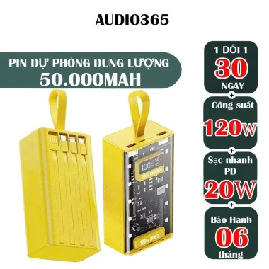 Sạc điện thoại 120W 50.000mAh PD 22.5W kèm 4 cáp và đèn LED - AUDIO365 - 239.000₫ 9 Sạc điện thoại 120W 50.000mAh PD 22.5W kèm 4 cáp và đèn LED - AUDIO365 - 239.000₫ 9