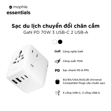 Sạc du lịch đa năng Mophie 70W PD GaN - Củ sạc 180+ quốc gia, chính hãng, bảo hành 2 năm, giảm giá 17% 3