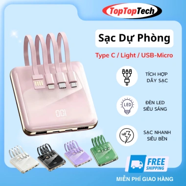 Sạc dự phòng 10.000mAh – 4 dây Light/USB‑Micro/Type‑C, màn hình % pin, giảm còn 229k