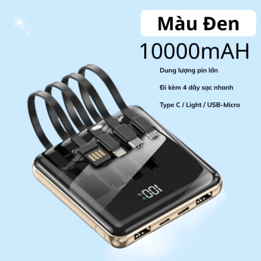 Sạc dự phòng 10.000mAh – 4 dây Light/USB‑Micro/Type‑C, màn hình % pin, giảm còn 229k