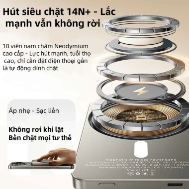 Sạc dự phòng 10.000mAh mini không dây, nam châm tự động, sạc nhanh 20W và cáp cho iPhone 12‑17 Pro - 349.000₫