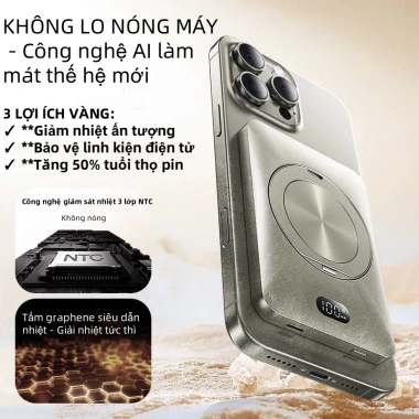 Sạc dự phòng 10.000mAh mini không dây, nam châm tự động, sạc nhanh 20W và cáp cho iPhone 12‑17 Pro - 349.000₫