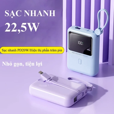 Sạc dự phòng 10.000mAh sạc nhanh 22.5W cầm tay với 2 dây cho iPhone Samsung Oppo PD01S