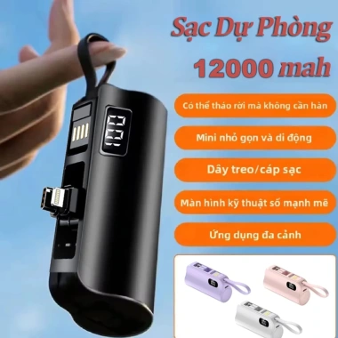 Sạc Dự Phòng 12.000mAh Cáp Tích Hợp Sạc Nhanh 20W + Màn Hình LED Mini - Lên Máy Bay, Giá 134k