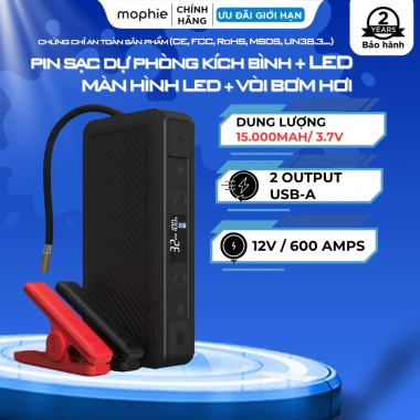 Sạc dự phòng 15,000mAh Mophie GO Rugged AIR và bộ kích bình ô tô 55.5Wh/1.200A, bảo hành 2 năm - Giá ưu đãi 3.2 triệu