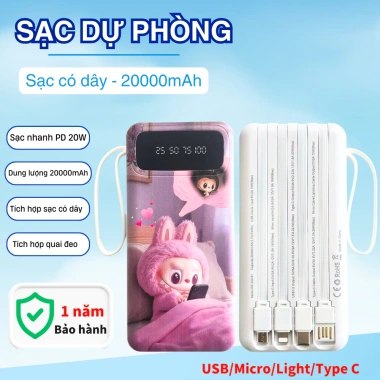 Sạc dự phòng 20.000mAh 20W nhanh, 4 cáp tích hợp, LED hiển dung lượng - Đa thiết bị, 229k