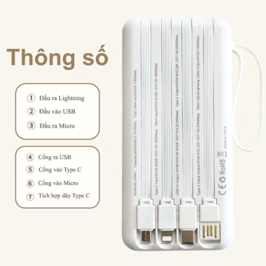 Sạc dự phòng 20.000mAh 20W nhanh, 4 cáp tích hợp, LED hiển dung lượng - Đa thiết bị, 229k 5