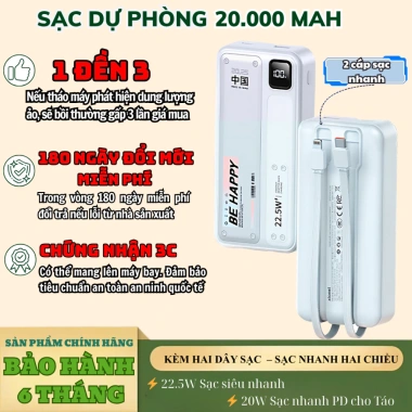Sạc dự phòng 20.000mAh 3C Mang Lên Máy Bay - 2 dây sạc, màn LED pin, giá chỉ 189k