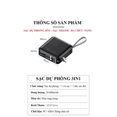 Sạc Dự Phòng 20.000mAh 3in1 Củ Cáp Sạc Nhanh Tháo Rời Phù Hợp Mọi Thiết Bị Giá 319.000 VND 3
