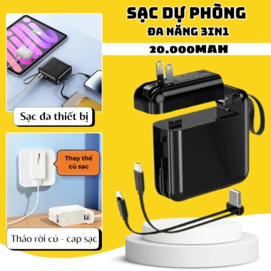 Sạc Dự Phòng 20.000mAh 3in1 Dung Lượng Lớn, Sạc Nhanh Tháo Rời, Phù Hợp Mọi Thiết Bị - Giá Ưu Đãi 319.000 VND