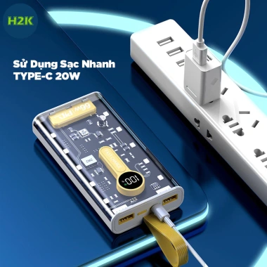 Sạc dự phòng 20.000mAh 66W nhanh, 3 cổng, sạc không dây, trong suốt LED - giảm giá 185k