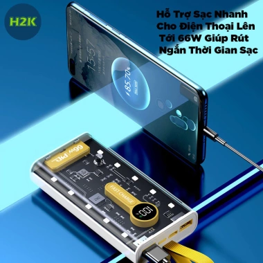 Sạc dự phòng 20.000mAh 66W nhanh, 3 cổng, sạc không dây, trong suốt LED - giảm giá 185k