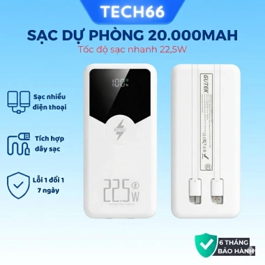 Sạc dự phòng 20.000mAh Gutek GT229 - Pin lớn, sạc nhanh 22.5W, dây sạc tích hợp, 239k