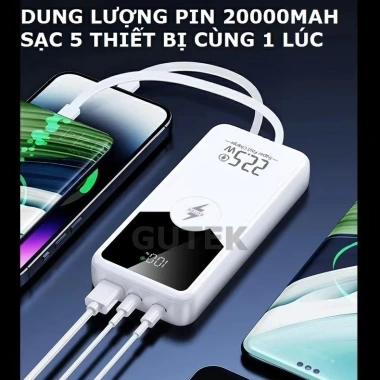 Sạc dự phòng 20.000mAh Gutek GT229 - Pin lớn, sạc nhanh 22.5W, dây sạc tích hợp, 239k