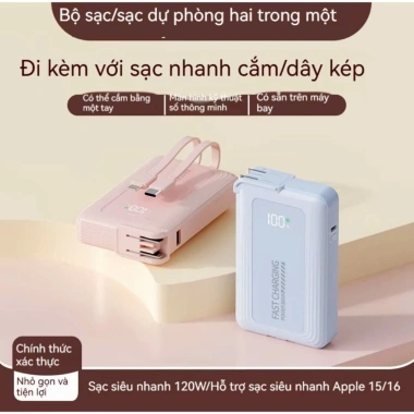 Sạc Dự Phòng 20.000mAh Mini 120W Chính Hãng Mẫu Mới 2 Dây Cáp Kèm Đầu Cắm AC