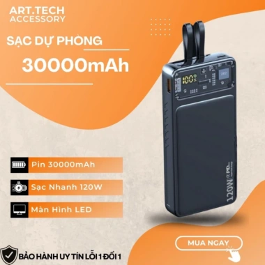 Sạc Dự Phòng 30.000mAh 100W 2 Cổng LN & Type‑C, Màn Hình % Pin, 379k, Lo Hết Pin