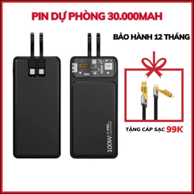 Sạc dự phòng 30.000mAh 100W nhanh, dung lượng pin lớn, kèm dây - Giá 235.000₫ 2