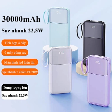 Sạc Dự Phòng 30.000mAh 22.5W PD 4 Dây Sạc Nhanh Màn Hình LED Sạc Nhiều Thiết Bị Giá 329k