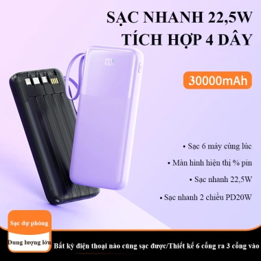 Sạc Dự Phòng 30.000mAh 22.5W PD 4 Dây Sạc Nhanh Màn Hình LED Sạc Nhiều Thiết Bị Giá 329k