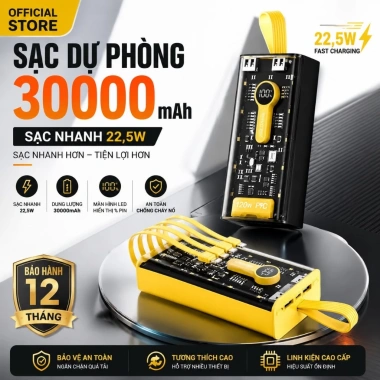 Sạc dự phòng 30.000mAh 22.5W PD20W 4 đầu cáp LED, bảo hành 12 tháng – 329.000₫