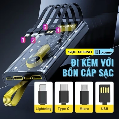 Sạc dự phòng 30.000mAh 22.5W PD20W 4 đầu cáp LED, bảo hành 12 tháng – 329.000₫ 6