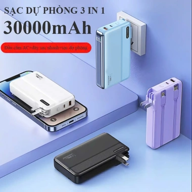 Sạc dự phòng 30.000mAh + Cốc sạc 22.5W, AC 2 cáp Type-C/LN, màn hình pin, chỉ 399.000 VND