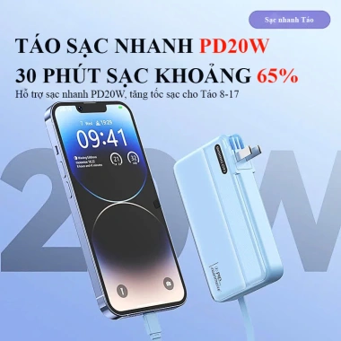 Sạc dự phòng 30.000mAh + Cốc sạc 22.5W, AC 2 cáp Type-C/LN, màn hình pin, chỉ 399.000 VND