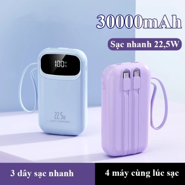 Sạc Dự Phòng 30.000mAh PD 22.5W - Sạc Nhanh, Dây Đôi, Quai Xách, LED Đa Năng, Giá 359.000đ