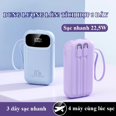 Sạc Dự Phòng 30.000mAh PD 22.5W - Sạc Nhanh, Dây Đôi, Quai Xách, LED Đa Năng, Giá 359.000đ