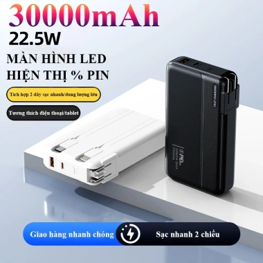 Sạc Dự Phòng 30.000mAh - Sạc Nhanh 22.5W PD20, tích hợp 2 dây, cắm AC, màn hình hiển thị pin, giá ưu đãi 399k