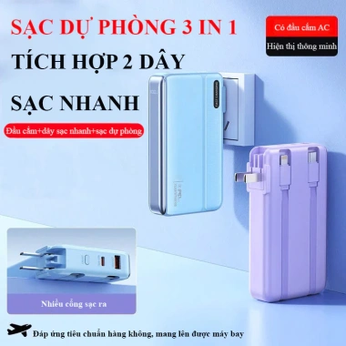 Sạc Dự Phòng 30.000mAh - Sạc Nhanh 22.5W PD20, tích hợp 2 dây, cắm AC, màn hình hiển thị pin, giá ưu đãi 399k