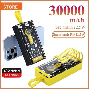 Sạc Dự Phòng 30.000mAh Trong Suốt 22.5W 4 Cổng Siêu Nhanh Đèn LED Giá 329.000 VND