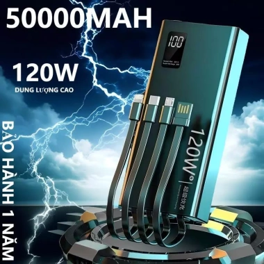 Sạc dự phòng 50.000mAh 120W nhanh, dung lượng lớn kèm dây cắm đa điện thoại - 215k