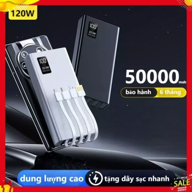 Sạc dự phòng 50.000mAh 120W nhanh, dung lượng lớn kèm dây cắm đa điện thoại - 215k