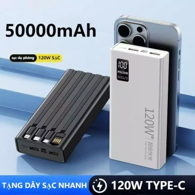 Sạc dự phòng 50.000mAh 120W nhanh, dung lượng lớn kèm dây cắm đa điện thoại - 215k