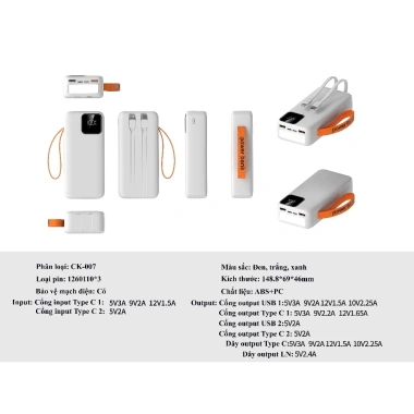 Sạc dự phòng 50.000mAh 22.5W nhanh, đèn pin tích hợp, 2 dây Type-C/LN, màn hình LED - Giá ưu đãi 429.000₫ 9