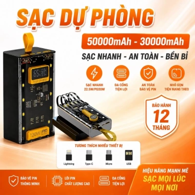 Sạc Dự Phòng 50.000mAh 22.5W Siêu Nhanh, 4 Dây Đa Năng, Sạc Laptop, Điện Thoại, Tablet