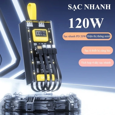 Sạc Dự Phòng 50.000mAh 22.5W Siêu Nhanh, 4 Dây Đa Năng, Sạc Laptop, Điện Thoại, Tablet