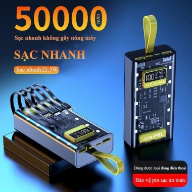 Sạc Dự Phòng 50.000mAh 22.5W Siêu Nhanh, 4 Dây Đa Năng, Sạc Laptop, Điện Thoại, Tablet