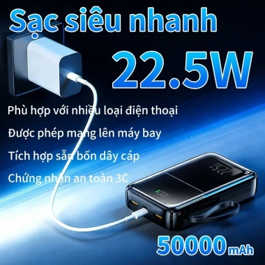 Sạc dự phòng 50.000mAh tích hợp 4 dây cáp 22.5W sạc nhanh, đa thiết bị, an toàn, chỉ 299.999₫ 5