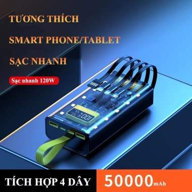 Sạc Dự Phòng 50.000mAh Trong Suốt 120W PD/20W + 4 Dây & Đèn LED - Giá 329.000₫
