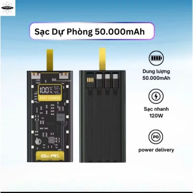 Sạc Dự Phòng 50.000mAh Trong Suốt Check‑in Máy Bay - Sạc Nhanh 22.5W, Đầu Sạc Đa Dụng, LED Hiển Thị, Giá 329.000₫