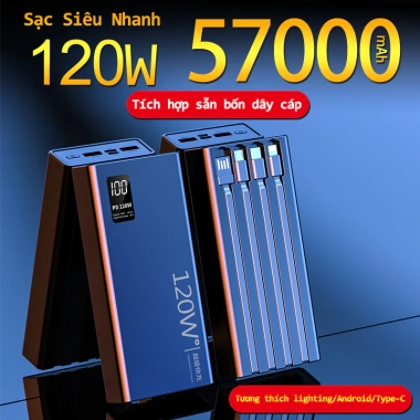 Sạc dự phòng 57.000mAh 120W Siêu Nhanh, 4 dây cáp đa năng, phù hợp mọi điện thoại - 329.999đ 3 Sạc dự phòng 57.000mAh 120W Siêu Nhanh, 4 dây cáp đa năng, phù hợp mọi điện thoại - 329.999đ 3