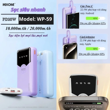Sạc dự phòng AK 121 20.000mAh - Pin dung lượng lớn, tích hợp dây sạc nhanh cho mọi điện thoại, giảm giá 20% 235.000₫