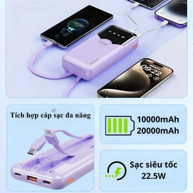 Sạc dự phòng AK 121 20.000mAh - Pin dung lượng lớn, tích hợp dây sạc nhanh cho mọi điện thoại, giảm giá 20% 235.000₫ 5
