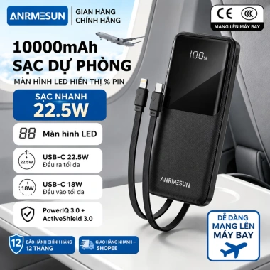 Sạc dự phòng ANRMESUN 10.000mAh PD 22.5W nhanh, LED hiển thị, tích hợp dây Type-C và Lightning cho iPhone Android Sạc dự phòng ANRMESUN 10.000mAh PD 22.5W nhanh, LED hiển thị, tích hợp dây Type-C và Lightning cho iPhone Android