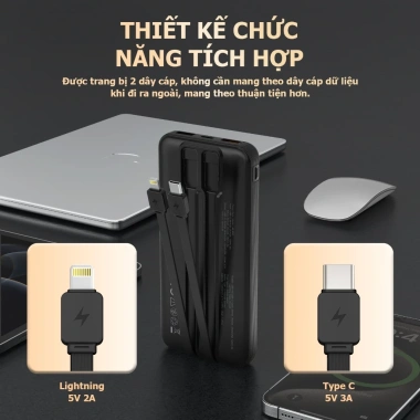 Sạc dự phòng ANRMESUN 10.000mAh PD 22.5W nhanh, LED hiển thị, tích hợp dây Type-C và Lightning cho iPhone Android